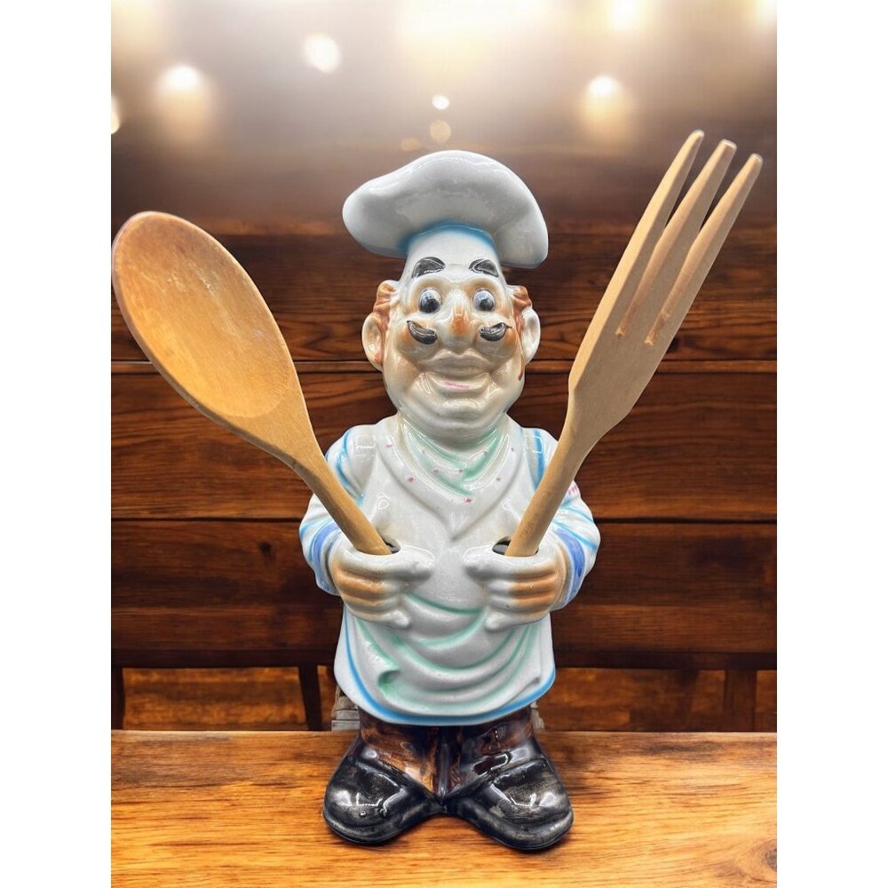 Vintage Ceramic Chef Utensil Holder Kitchen Chef 1970's 12" tall